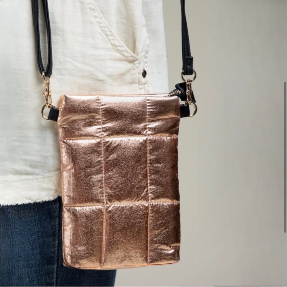NWT Metallic Rose Gold Quilted Crossbody Bag